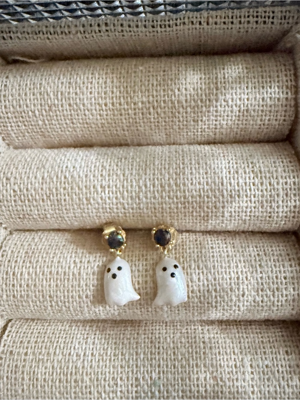 Ghost 👻 Drop Earrings with Gold Accents & Dark Stone Studs